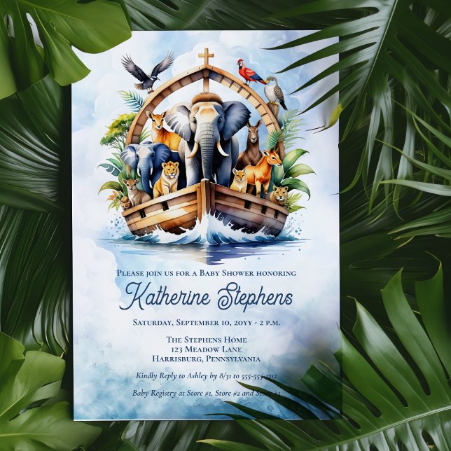 Convites Chá de fraldas Azul de Bichinhos-de-Arca de Noah (Noah's Ark Cute Animals Blue Boy Baby Shower Invitation)