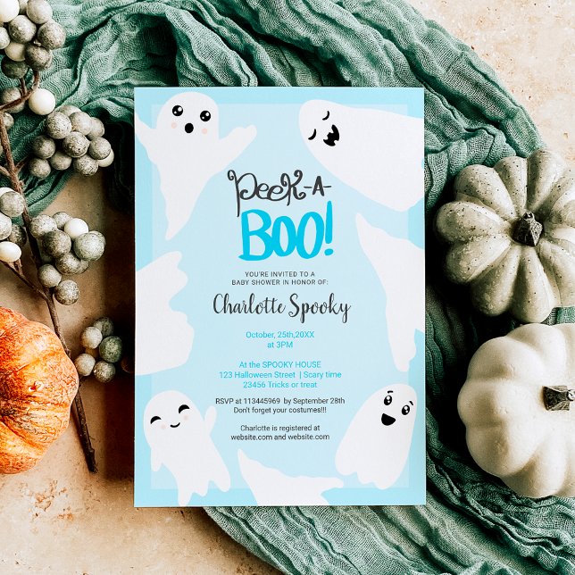 Convites Chá de fraldas azul de dois fantasmas do Dia das B (Cute Halloween boo ghosts blue baby shower Invitation)