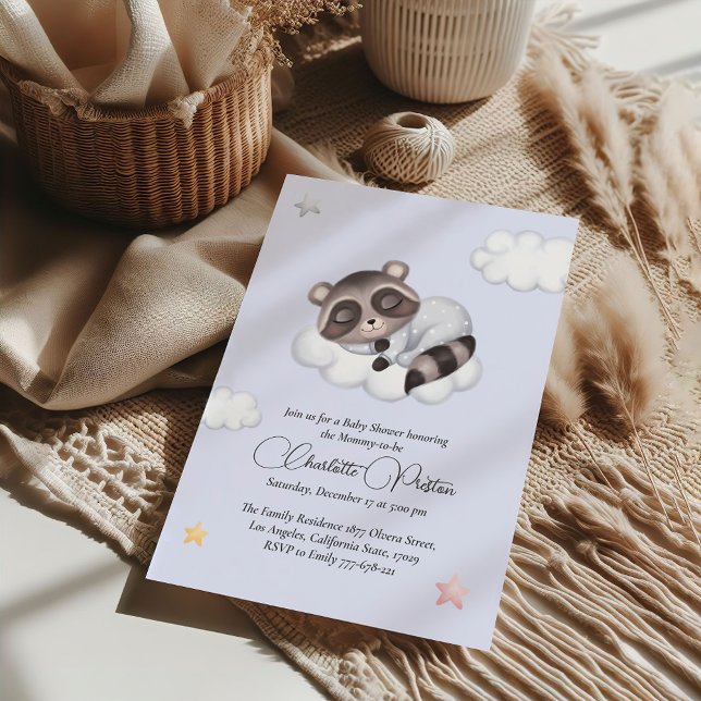 Convites Chá de fraldas Azul de guaxinim Cavalheiro (Gentle Raccoon Animal Gender Neutral Baby Shower Invitation)