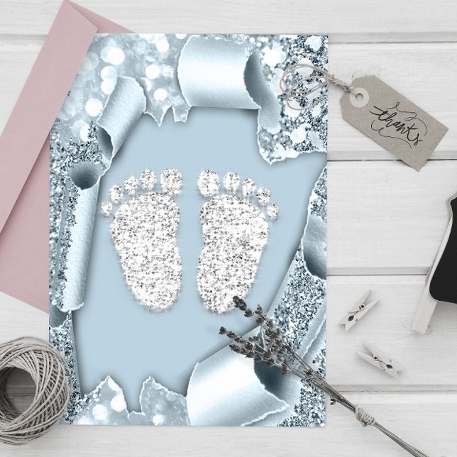 Convites Chá de fraldas Azul de Prata - Brilho (Silver Blue Baby Shower Feet Boy Glitter Invitation)