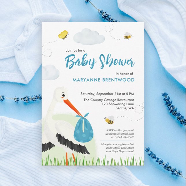 Convites Chá de fraldas Azul de Tempestade (Blue stork baby shower or baby sprinkle boy theme invitation template personalized )