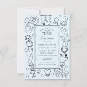 Convites Chá de fraldas Azul Desenhado na Mão Bonito