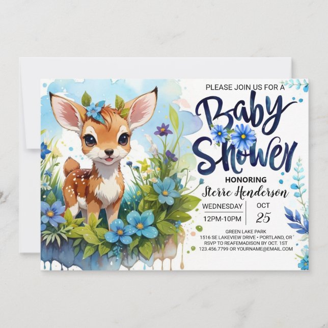 Convites Chá de fraldas Azul do Tema Fawn para Boy (Frente)