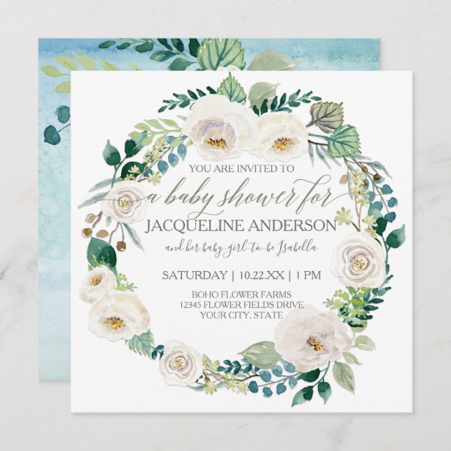 Convites Chá de fraldas Azul e Rosas Brancas Folha (Frente/Verso)