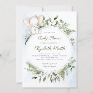 Convites Chá de fraldas Azul Elefante Verde Foliage Boy 