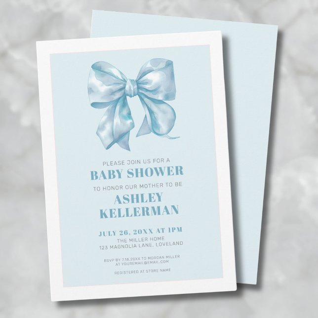 Convites Chá de fraldas azul Elegante (Blue Bow Baby Shower Invitation)