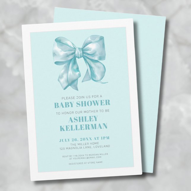 Convites Chá de fraldas azul Elegante (Teal Blue Bow Baby Shower Invitation)