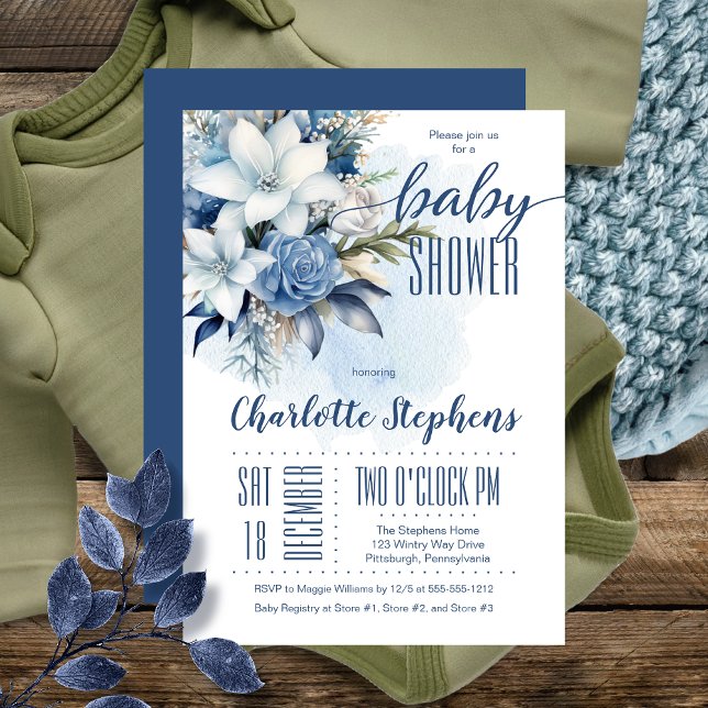 Convites Chá de fraldas azul Elegante de inverno Floral Boy (Elegant Blue Winter Floral Boy Baby Shower Invitation )