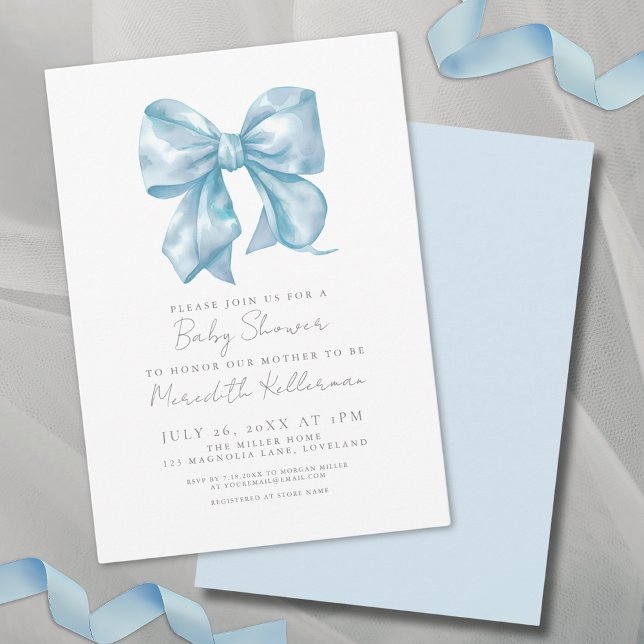 Convites Chá de fraldas azul Elegante simples (Simple Elegant Blue Bow Baby Shower Invitation)