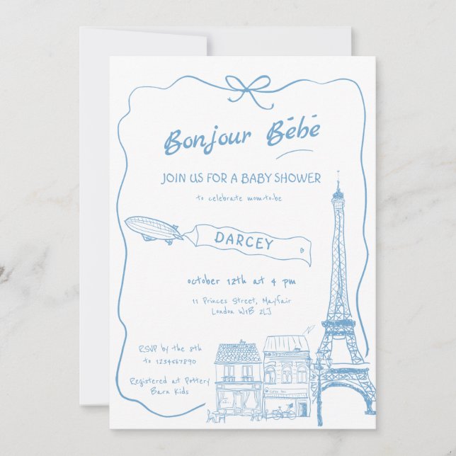 Convites Chá de fraldas Azul Francês de Bonjour Bebe Desenh (Frente)