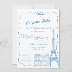 Convites Chá de fraldas Azul Francês de Bonjour Bebe Desenh