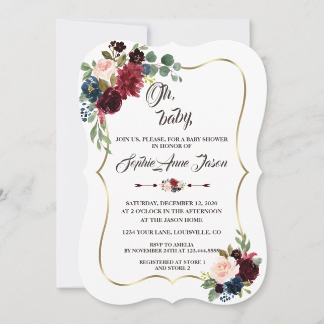 Convites Chá de fraldas azul Marinho de Merlot Dourado Char (Frente)