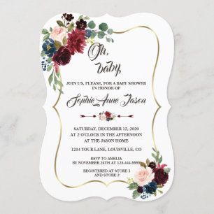 Convites Chá de fraldas azul Marinho de Merlot Dourado Char