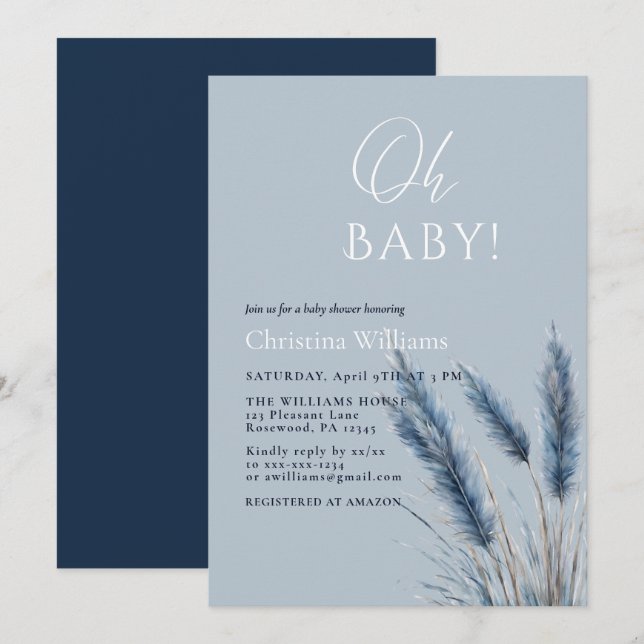 Convites Chá de fraldas Azul Pampas de Script Elegante (Frente/Verso)