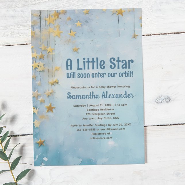 Convites Chá de fraldas azul Pequeno Estrela (Little Star blue baby shower invitation. Celestial. Hanging stars on twilight blue background.)