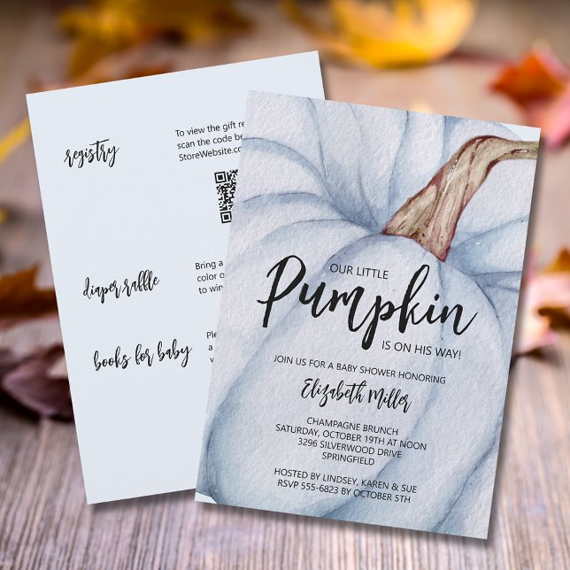 Convites Chá de fraldas Azul Pumpkin Menino Em Um Único (Blue pumpkin boy baby shower all in one invitations,  registry, diaper raffle & books for baby )