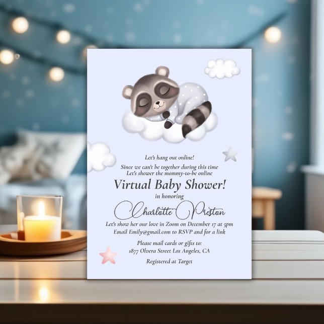 Convites Chá de fraldas Azul Raccoon Gentle Baby Boy Virtua (Gentle Baby Boy Raccoon Blue Baby Shower Virtual Invitation)