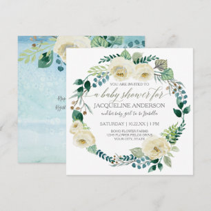 Convites Chá de fraldas Azul, rosas brancas, Folha de folha