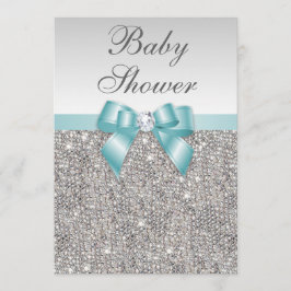 Convites Chá de fraldas Azul Teal Sequins de Silver Falsos