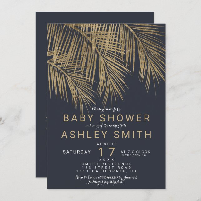 Convites chá de fraldas azul treenavy de ouro moderno (Frente/Verso)