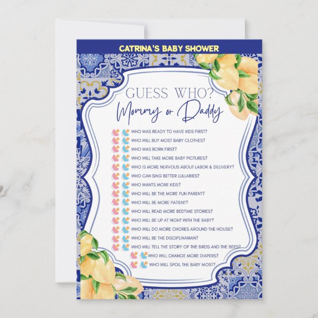 Convites Chá de fraldas Azulejos Azul-Limão - Nome Editável (Frente)