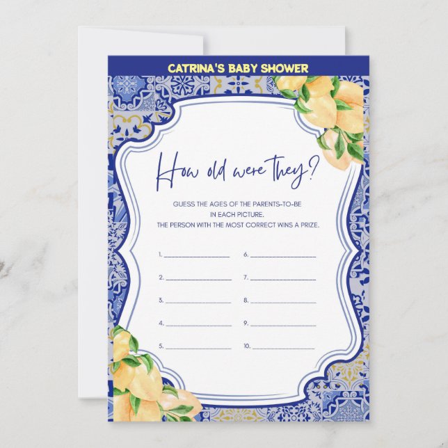 Convites Chá de fraldas Azulejos Azul-Limão - Nome Editável (Frente)