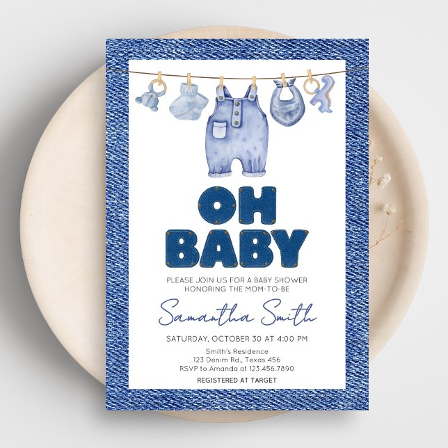 Convites Chá de fraldas Baby Blue Jean Denim (Blue Jean Denim Baby Shower Invitation)
