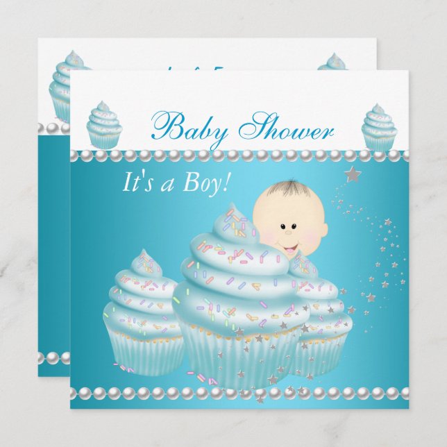 Convites Chá de fraldas Baby Boy Blue Cupcake Sprinkle (Frente/Verso)
