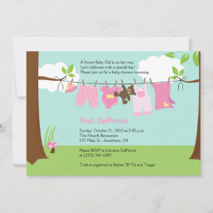 Convites Chá de fraldas Baby Clothesline Pink Girl 5x7