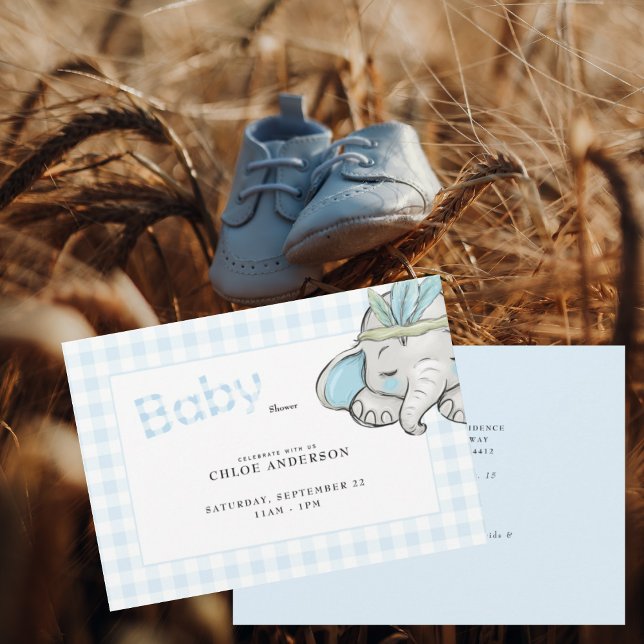 Convites Chá de fraldas Baby Elephant Blue Gingham (Criador carregado)