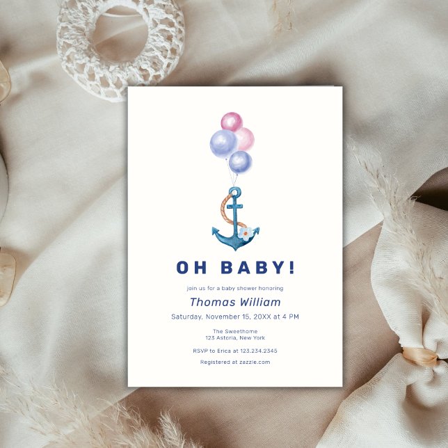 Convites Chá de fraldas Balão de Âncora Náutica Moderno (Modern Nautical Anchor Balloon Baby Shower Invitation)