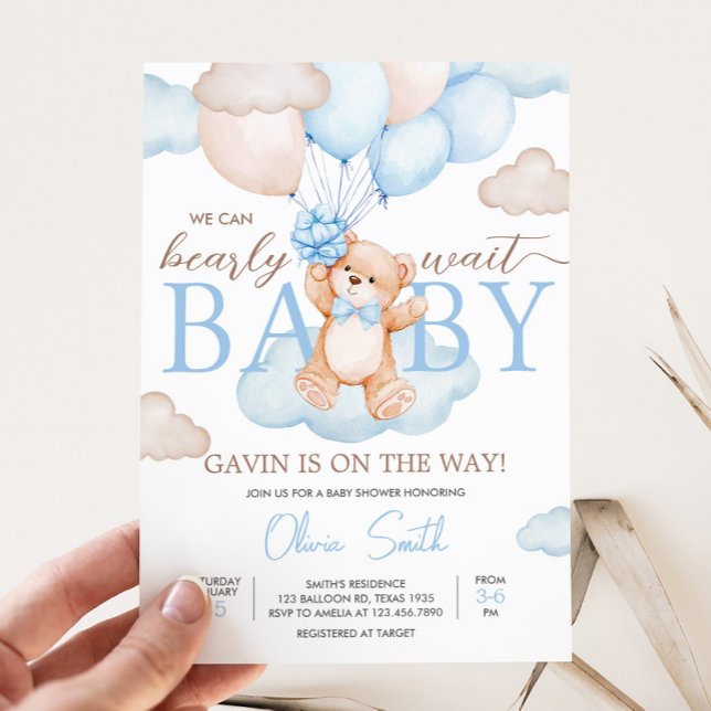 Convites Chá de fraldas Balão de Urso Azul (Blue Bearly Wait Baby Bear Balloon Baby Shower Invitation)