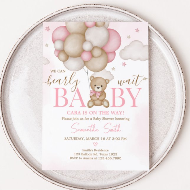 Convites Chá de fraldas Balão de Urso Rapariga (Pink Boho Bear Balloon Baby Shower Invitation)