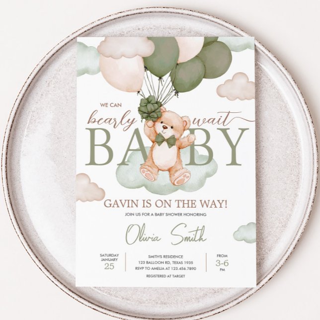 Convites Chá de fraldas Balão de Urso Verde (Green Bearly Wait Baby Bear Balloon Baby Shower Invitation
)
