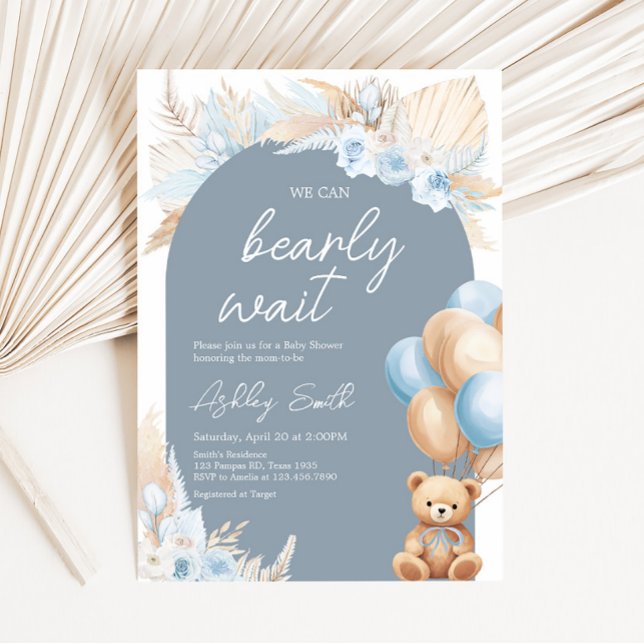 Convites Chá de fraldas Balão do Urso Azul Boho (Sage Blue Balloons Baby Shower Invitation)