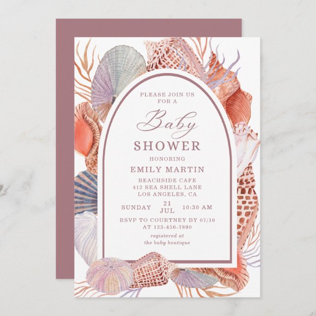 Convites Chá de fraldas Beach Seashelds Aquarela Náutica Em (Frente/Verso)
