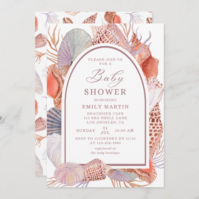 Convites Chá de fraldas Beach Seashells Aquarela Náutica (Frente/Verso)