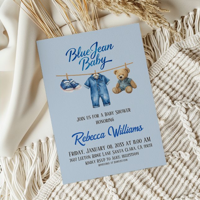 Convites Chá de fraldas Bear Clothesline Blue Jean Baby Den (Criador carregado)