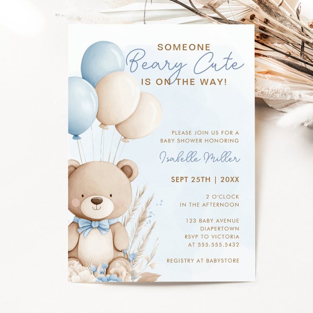 Convites Chá de fraldas Beary Cute Blue Balloon Teddy Bear  (Criador carregado)