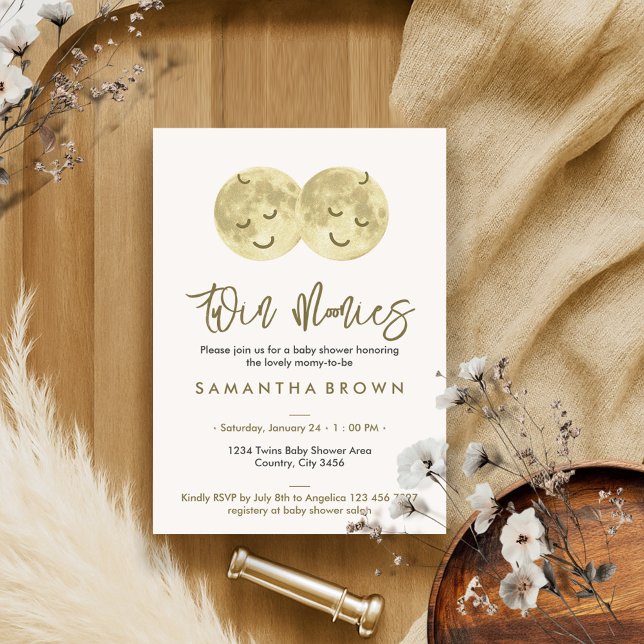 Convites Chá de fraldas Beige Moon Twins (Criador carregado)