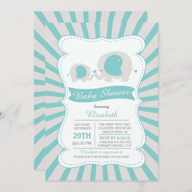 Convites Chá de fraldas Bela Mãe Elefante (Frente/Verso)