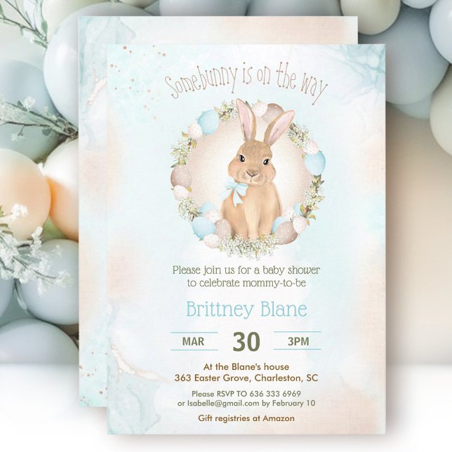Convites Chá de fraldas Belo Coelho da Páscoa Elegante (Cute Easter Bunny Elegant Blue Boy Baby Shower Invitation)