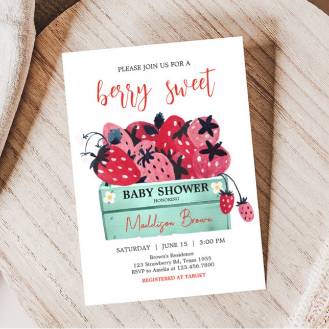 Convites Chá de fraldas Berry Sweet (Strawberry Baby Shower Invitation)