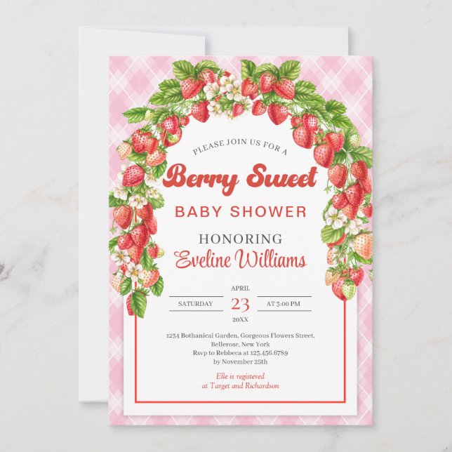 Convites Chá de fraldas Berry Sweet | Morango Rosa-Boho (Frente)
