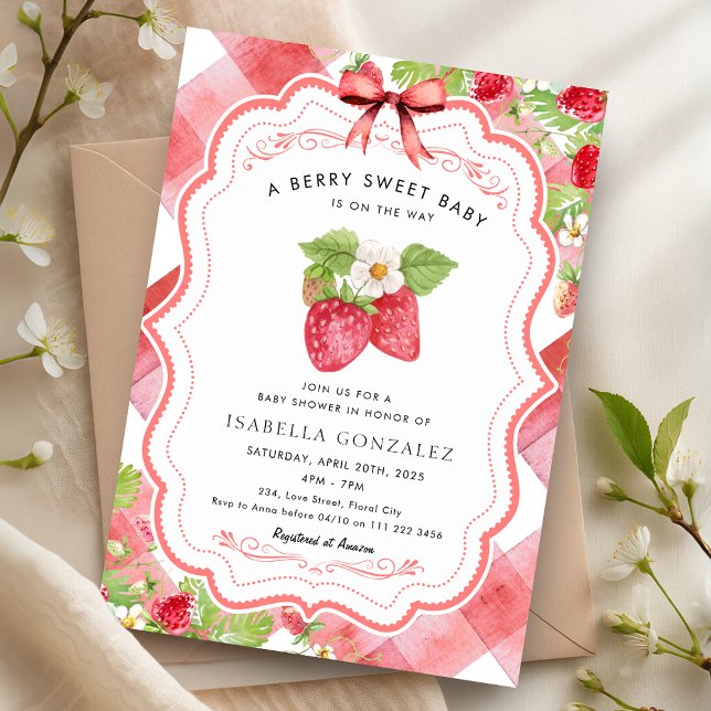 Convites Chá de fraldas Berry Sweet Strawberry Red Gingham (Berry Sweet Strawberry Red Gingham Baby Shower Invitation)