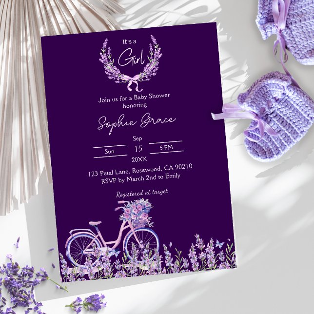 Convites Chá de fraldas Bicicleta de Lavanda Floral Roxo (Criador carregado)