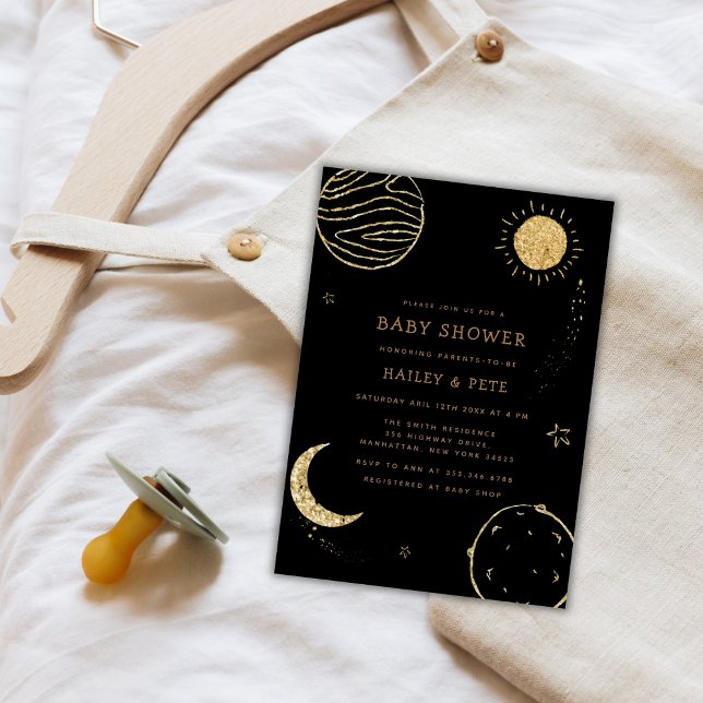 Convites Chá de fraldas Black Dourado Galaxy Moon Star Boy (Black Gold Galaxy Moon Star Boy Baby Shower Invitation)
