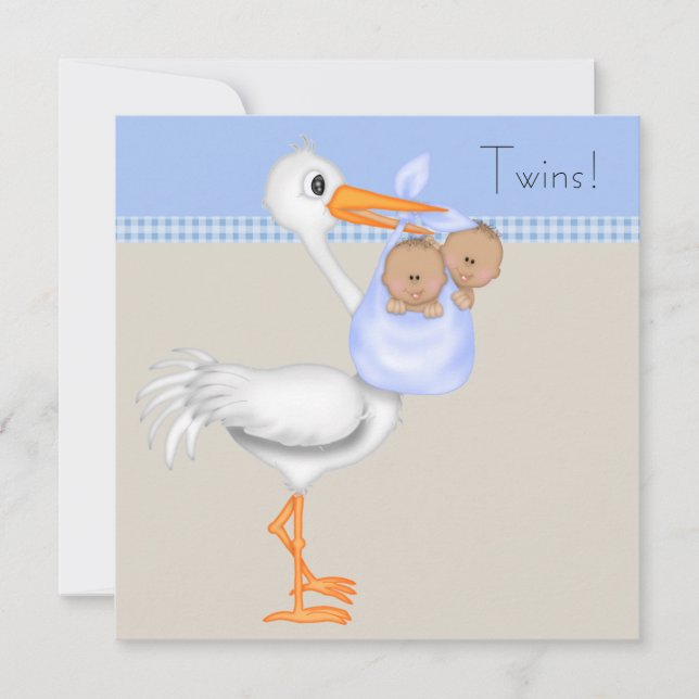 Convites Chá de fraldas Blue Beige Gingham Stork Twin Boy (Frente)