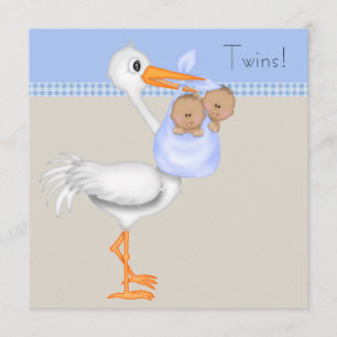 Convites Chá de fraldas Blue Beige Gingham Stork Twin Boy