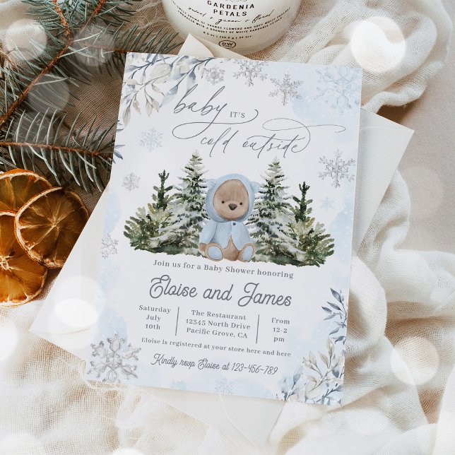 Convites Chá de fraldas Blue Boy do Urso de Inverno Flocos  (Criador carregado)